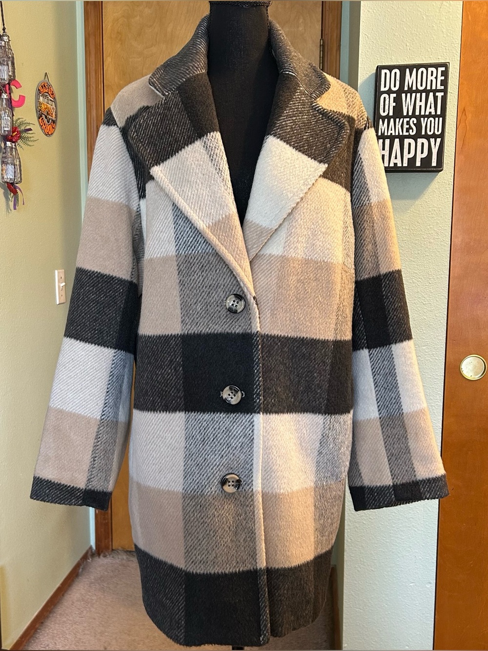Coldwater Creek tan cream black plaid wool blend collared pea coat lined size 1X
